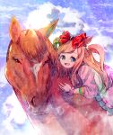  1boy 1girl agnes_digital_(racehorse) agnes_digital_(umamusume) animal_ears blue_eyes bow creature_and_personification eyebrows_visible_through_hair highres hood hoodie horse horse_ears horse_girl horseback_riding looking_at_viewer red_bow riding scrunchie sidelocks two_side_up umamusume usapenpen2019 visible_air 