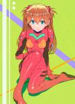  1girl bangs blue_eyes bodysuit breasts closed_mouth eyebrows_visible_through_hair full_body green_background hair_between_eyes hair_ornament hand_on_own_knee highres knee_up long_hair looking_at_viewer medium_breasts neon_genesis_evangelion nobile1031 orange_hair pilot_suit plugsuit red_bodysuit sitting smile solo souryuu_asuka_langley twintails 