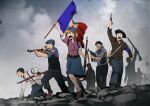  1girl 4boys arm_up armband bag bandana bangs beard belt black_belt black_hair black_pants black_shirt blue_pants blue_shirt blue_skirt brown_hair clouds cloudy_sky collared_shirt commentary english_commentary facial_hair flag french_flag french_text frown grimace gun highres holding holding_flag holding_instrument instrument kneeling long_sleeves medium_skirt mrxinom multiple_boys multiple_others open_mouth original overcast pants pouch purple_shirt revolver rifle rock satchel shirt shoes skirt sky sleeves_rolled_up standing submachine_gun suspender_skirt suspenders walking weapon white_shirt 