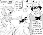 1boy 1girl :3 arm_up ash_ketchum bangs baseball_cap bb_(baalbuddy) blush_stickers bob_cut collarbone colored_skin commentary emphasis_lines english_commentary english_text eye_contact flat_chest flexing gardevoir greyscale hair_over_one_eye hand_on_hip happy hat highres jacket looking_at_another looking_to_the_side monochrome multicolored_skin muscular muscular_male on_shoulder one_eye_covered open_mouth pikachu pocket pointing pointing_at_another pokemon pokemon_(anime) pokemon_(classic_anime) pokemon_(creature) pokemon_on_shoulder pose shirt short_hair short_sleeves simple_background sketch smile speech_bubble spiky_hair standing talking teeth text_focus two-tone_skin upper_body v-shaped_eyebrows white_background 