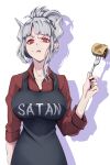  1girl :t absurdres apron arm_at_side arm_up bangs black_apron blunt_bangs breasts collarbone collared_shirt commentary_request demon_girl demon_horns english_text food food_in_mouth food_on_face fork helltaker highres holding holding_fork horns jnakamura1182 large_breasts long_sleeves looking_at_viewer lucifer_(helltaker) open_mouth red_eyes red_shirt shadow shiny shiny_hair shirt short_hair sidelocks silver_hair simple_background sleeves_rolled_up solo standing tied_hair upper_body white_background wing_collar 