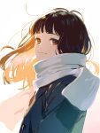  1girl blue_jacket brown_eyes brown_hair closed_mouth commentary hana_moto highres jacket light_smile long_hair original scarf simple_background solo upper_body white_background white_scarf 