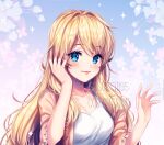  1girl artist_name blonde_hair blue_eyes blush breasts closed_mouth collarbone commission eyebrows_visible_through_hair highres long_hair long_legs medium_breasts original sasucchi95 shirt signature smile solo upper_body very_long_hair watermark white_shirt 