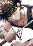  1boy absurdres bandaged_arm bandages black_hair brown_eyes eyebrows eyebrows_visible_through_hair headband hiei_(yu_yu_hakusho) highres holding holding_sword holding_weapon jewelry looking_at_viewer male_focus necklace serious spiky_hair sword twitter_username upper_body weapon white_background white_hair white_headband yu_yu_hakusho yuu_(masarunomori) 