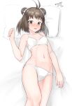  1girl absurdres antenna_hair bra breasts brown_eyes brown_hair collarbone cowboy_shot dated double_bun highres kantai_collection lying maru_(marg0613) naka_(kancolle) navel one-hour_drawing_challenge panties pillow small_breasts solo twitter_username underwear underwear_only white_bra white_panties 