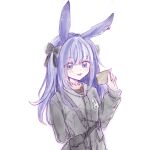  1girl :d animal_ears arknights black_bow black_jacket black_shirt blush bow ear_piercing hair_bow hand_up highres holding jacket long_hair meng_xue_necky piercing purple_hair rabbit_ears rope_(arknights) shirt simple_background smile solo upper_body violet_eyes white_background 