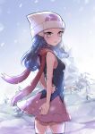  1girl beanie black_hair black_shirt clouds commentary_request day hat highres hikari_(pokemon) long_hair looking_at_viewer looking_back outdoors pink_skirt pokemon pokemon_adventures red_scarf scarf shirt skirt sky sleeveless sleeveless_shirt snow snowing solo thigh-highs white_headwear yellow_eyes yusakichi8888 