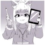  1girl animal_ear_fluff animal_ears bangs blunt_bangs commentary_request drawing_tablet drawstring eyebrows_visible_through_hair fox_ears glasses gradient gradient_background grey_background grin hair_bun hands_up holding holding_stylus hood hood_down hooded_jacket jacket kuro_kosyou long_hair long_sleeves original puffy_long_sleeves puffy_sleeves shirt sidelocks sleeves_past_wrists smile solo stylus upper_body v-shaped_eyebrows white_background 
