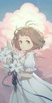  1girl brown_eyes brown_hair closed_mouth clouds commentary dress flower from_side hana_moto highres holding holding_flower light_particles looking_at_viewer looking_to_the_side original outdoors short_hair short_sleeves solo white_dress white_flower 