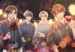  4boys :d absurdres artem_wing_(tears_of_themis) bangs blue_eyes blue_kimono brown_eyes brown_hair brown_kimono candy_apple closed_mouth crossed_arms dog_tags fireworks food forehead fox_mask glasses grey_kimono hand_fan highres holding holding_fan holding_food japanese_clothes jewelry key kimono lantern long_sleeves looking_at_viewer luke_pearce_(tears_of_themis) marius_von_hagen_(tears_of_themis) mask multiple_boys necklace night night_sky open_mouth outdoors purple_kimono short_hair sky smile tears_of_themis transparent_(artist) vyn_richter_(tears_of_themis) white_hair yellow_eyes yukata 