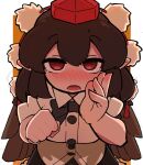  1girl black_bow black_bowtie black_hair blush bow bowtie eyebrows_visible_through_hair full-face_blush hat highres leaning_forward looking_at_viewer open_mouth pointy_ears red_eyes red_headwear shameimaru_aya short_hair short_sleeves solo tokin_hat touhou yugi_0928 