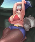  1girl absurdres animal_ears armpits arms_up belt bra breasts car car_interior clenched_teeth eyebrows_visible_through_hair ground_vehicle highres huge_breasts inubashiri_momiji large_breasts looking_at_viewer lying motor_vehicle navel on_back pantyhose red_bra scared shorts solo tail teeth thighs thong tochinoko touhou underwear undressing wolf_girl 