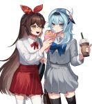  2girls absurdres amber_(genshin_impact) blue_bow blue_eyes bow brown_hair cowboy_shot crepe cup drink drinking_straw eating eula_(genshin_impact) food food_on_face genshin_impact hairband highres long_sleeves multiple_girls nongxy_nonshi open_mouth pleated_skirt red_hairband red_neckwear sailor_collar school_uniform serafuku simple_background skirt smile thigh-highs white_background yellow_eyes 