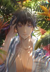  1boy :d absurdres bangs highres jewelry leaf looking_at_viewer male_focus marius_von_hagen_(tears_of_themis) necklace open_clothes open_mouth outdoors plant purple_hair shirt short_hair smile solo summer tears_of_themis transparent_(artist) violet_eyes wet wet_clothes wet_hair wet_shirt white_shirt 