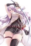  1girl :o black_gloves black_legwear blue_eyes breasts commentary_request draph fingerless_gloves gloves granblue_fantasy hair_over_one_eye highres holding holding_sword holding_weapon katana long_hair looking_at_viewer medium_breasts naoki_(endofcentury102) narmaya_(granblue_fantasy) pointy_ears purple_hair simple_background single_thighhigh solo sword thigh-highs thighs weapon white_background 