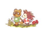  1boy 1girl ^_^ animal_crossing animal_nose barefoot blue_eyes body_fur bottomless brown_fur brown_hair child closed_eyes collared_dress commentary_request day dress flat_chest flower freckles full_body furry furry_female furry_male grass green_shirt half-closed_eyes happy holding holding_hands long_hair long_sleeves looking_at_another looking_to_the_side outdoors plaid plaid_dress red_dress red_flower sable_able_(animal_crossing) shijima_(4jima) shirt short_sleeves simple_background snout spiky_hair standing thermos tom_nook_(animal_crossing) two-tone_fur walking white_background white_fur younger 