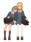  2girls backpack backpack_removed bag black_legwear blonde_hair blue_jacket brown_footwear closed_eyes closed_mouth collared_shirt dress drooling eyebrows_visible_through_hair full_body green_eyes grey_dress grey_hair hairband heanna_sumire holding_hands jacket kneehighs loafers long_sleeves love_live! love_live!_superstar!! multiple_girls namgic neck_ribbon pinafore_dress red_hairband red_ribbon ribbon shirt shoes short_hair simple_background sleeping smile tang_keke thigh-highs white_background white_legwear white_shirt yuri 