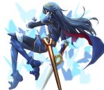  1girl blue_eyes blue_footwear blue_gloves blue_hair boots eyebrows_visible_through_hair fire_emblem gloves high_heel_boots high_heels highres holding holding_sword holding_weapon long_hair long_sleeves looking_at_viewer lucina_(fire_emblem) solo sword weapon yachima_tana 