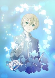  1boy absurdres blonde_hair blue_background blue_cape blue_flower blue_rose blue_rose_sword blue_shirt cape collar eugeo flower green_eyes hands_up highres long_sleeves looking_at_viewer male_focus rose shirt short_hair suzuki_gou sword sword_art_online sword_art_online:_alicization weapon 