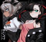  2girls aqua_eyes artist_name asymmetrical_bangs asymmetrical_hair bangs bea_(pokemon) black_bodysuit black_choker black_hair black_hairband black_jacket bodysuit bodysuit_under_clothes bow_hairband checkered checkered_background choker collared_shirt dress earrings grey_eyes grey_hair hair_between_eyes hair_ribbon hairband highres jacket jewelry marnie_(pokemon) medium_hair multiple_girls open_clothes open_jacket pink_dress pokemon pokemon_(game) pokemon_swsh print_shirt red_ribbon ribbon shirt short_hair short_sleeves simple_background unxi 