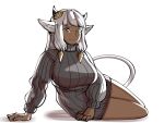  1girl animal_ears ash_(fire_emblem) bangs bare_legs black_horns breasts brown_eyes closed_mouth cow_ears cow_horns dark-skinned_female dark_skin dress english_commentary fire_emblem fire_emblem_heroes horns lying mnejing30 on_side piercing silver_hair sweater sweater_dress thighs turtleneck turtleneck_sweater white_background 