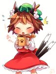  animal_ear_fluff animal_ears cat_ears cat_tail chen closed_eyes cup dress feet_out_of_frame flying_sweatdrops frilled_dress frills gold_trim highres holding holding_cup hot ibaraki_natou multiple_tails nekomata paw_print red_dress ribbon shirt simple_background surprised tail tongue tongue_out touhou two_tails white_background white_neckwear white_ribbon white_shirt 