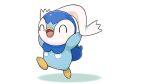  arms_up closed_eyes commentary_request happy holding holding_clothes holding_scarf leg_up no_humans official_art open_mouth piplup pokemon pokemon_(creature) project_pochama scarf solo standing standing_on_one_leg toes tongue white_background white_scarf 