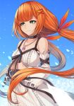  1girl bare_shoulders breasts closed_mouth collarbone dress hair_ornament hair_ribbon jewelry kingdom_hearts kingdom_hearts_x long_hair low_twintails necklace resuta ribbon smile solo strelitzia_(kingdom_hearts) twintails white_dress x_hair_ornament 