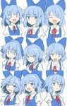  1girl angry bangs blue_bow blue_dress blue_eyes blue_hair bow bowtie cirno closed_eyes closed_mouth collar collared_shirt dress e.o. eyebrows_visible_through_hair eyes_visible_through_hair hair_between_eyes happy highres looking_at_viewer looking_to_the_side looking_up no_wings open_mouth puffy_short_sleeves puffy_sleeves red_bow red_bowtie serious shirt short_hair short_sleeves simple_background sketch smile smug solo surprised touhou upper_body white_background white_shirt white_sleeves 