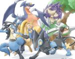  black_sclera claws colored_sclera commentary_request dated fangs fangs_out floatzel garchomp highres katkichi leg_up lucario luxray open_mouth pokemon pokemon_(creature) red_eyes sharp_teeth signature skuntank standing standing_on_one_leg teeth toes tongue torterra yellow_eyes 