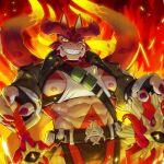  1boy between_pectorals cthugha_(housamo) furry furry_male highres horns jacketbear large_pectorals looking_at_viewer male_focus muscular muscular_male nipples octopus_boy pectorals red_eyes smile sword tentacle_hair tokyo_afterschool_summoners weapon 