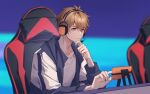  1boy bangs brown_eyes brown_hair chair closed_mouth fengtu_ad gaming_chair hand_on_own_chin headphones highres jacket jersey long_sleeves luke_pearce_(tears_of_themis) open_clothes phone shirt short_hair sitting solo tears_of_themis white_jacket white_shirt 