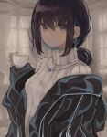  1girl bangs black_hair black_jacket blue_hair blush brown_eyes closed_mouth commentary_request cup curtains earrings eyebrows_visible_through_hair hair_between_eyes hand_up highres hinomaru_(futagun) holding holding_cup indoors jacket jewelry long_hair long_sleeves looking_at_viewer low_ponytail multicolored_hair off_shoulder open_clothes open_jacket original ponytail ribbed_sweater sleeves_past_wrists smile solo sweater turtleneck turtleneck_sweater two-tone_hair white_sweater window 