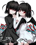  2girls ahoge artist_name bad_id bad_twitter_id bangs black_dress black_hair black_nails black_ribbon black_wings blunt_bangs blush dress ear_piercing empty_eyes eyebrows_visible_through_hair feathered_wings gradient gradient_background hair_between_eyes hair_intakes hair_ornament highres holding_hands mini_wings multiple_girls original parted_lips piercing red_eyes ribbon short_hair sleeves_past_wrists thigh-highs two_side_up unxi white_background white_dress white_nails white_ribbon wings zettai_ryouiki 