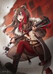  1girl animal_ears arknights ashes axe bangs bear_ears belt belt_buckle black_skirt blue_eyes blurry blurry_background boots brown_hair buckle chain choker coat commentary_request eyebrows_visible_through_hair eyes_visible_through_hair fangs flag full_body fur_trim highres holding holding_axe holding_weapon long_hair long_sleeves miniskirt neckerchief open_mouth pantyhose pleated_skirt red_legwear red_neckerchief redhead sailor_collar school_uniform signature skirt smile solo stepping translucent_hair walking weapon yokaze_(yokajie) zima_(arknights) 