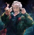  1boy arurandeisu beard black_hoodie eyewear_hang eyewear_removed facial_hair green_eyes green_jacket grey_hair hand_on_ear highres holostars hood hood_down hoodie hotate_rayan jacket long_sleeves looking_at_viewer multicolored_eyes open_mouth reaching_out solo teeth twitter_username two-sided_fabric two-sided_jacket upper_body virtual_youtuber wristband yellow_eyes 