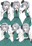  1girl bangs black_hairband black_necktie blue_eyes buttons closed_eyes closed_mouth collar collared_shirt dress e.o. eyebrows_visible_through_hair from_side green_dress grey_hair hairband hand_on_hip hand_up hands_up happy highres katana konpaku_youmu looking_at_viewer looking_to_the_side necktie one_eye_closed open_mouth puffy_short_sleeves puffy_sleeves serious shirt short_hair short_sleeves simple_background smile solo standing sword touhou weapon white_background white_shirt white_sleeves 