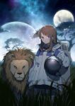  1girl absurdres backpack bag blue_eyes brown_hair closed_mouth commentary grass hana_moto highres lion long_hair looking_at_viewer moon multiple_moons original outdoors sky solo space_helmet spacesuit star_(sky) starry_sky tree 