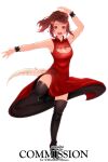  1girl absurdres arm_up au_ra avatar_(ffxiv) boots brown_eyes brown_hair cleavage_cutout clothing_cutout commission dragon_horns dragon_tail dress final_fantasy final_fantasy_xiv highres horns looking_at_viewer pixie_(pixieinktvis) red_dress scales short_hair solo tail thigh-highs thigh_boots white_background wrist_cuffs 