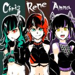  3girls bangs belt black_hair black_jacket black_sports_bra blue_background blue_belt blue_eyes blue_hair blunt_bangs breasts brown_background character_name chest_belt closed_mouth clothing_cutout column_lineup commentary_request crop_top cropped_jacket cross-laced_sleeves demon_girl demon_horns demon_tail ear_chain ear_piercing engacyo_(engacyo39800yen) fang flat_chest heart highres horns jacket kojo_anna long_hair long_sleeves looking_at_viewer medium_breasts midriff multicolored_hair multiple_girls navel open_mouth piercing pointy_ears purple_background purple_hair red_eyes redhead ringed_eyes ryugasaki_rene shirt shishio_chris short_hair shoulder_cutout skin_fang sleeveless sleeveless_shirt smile sports_bra sugar_lyric tail tongue tongue_out twintails two-tone_hair under_boob upper_body v-shaped_eyebrows virtual_youtuber yellow_eyes 