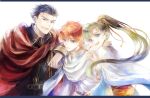  1girl 2018 2boys armor blue_eyes blue_hair cape dress eliwood_(fire_emblem) fire_emblem fire_emblem:_the_blazing_blade fire_emblem_heroes gloves green_hair hector_(fire_emblem) kuzumosu long_hair looking_at_viewer lyn_(fire_emblem) multiple_boys open_mouth ponytail red_cape redhead short_hair smile white_background white_cape 