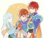  1girl 2boys armor bare_shoulders blue_armor blue_eyes blue_hair blush cape closed_eyes commentary_request dress eliwood_(fire_emblem) family father_and_son fingerless_gloves fire_emblem fire_emblem:_the_binding_blade fire_emblem:_the_blazing_blade gloves hair_ornament headband highres jewelry long_hair looking_at_another mother_and_son multiple_boys ninian_(fire_emblem) open_mouth red_gloves redhead roy_(fire_emblem) short_hair shoulder_armor simple_background smile sparkle taiga_kazame veil 