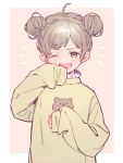  1girl ahoge border brown_eyes brown_hair commentary double_bun hana_moto highres light_blush long_sleeves one_eye_closed open_mouth original pink_background sleeves_past_fingers sleeves_past_wrists solo sweater upper_body white_border yawning yellow_sweater 