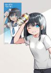  1girl :d arm_up bangs black_hair black_sailor_collar black_skirt blue_eyes blue_neckwear blush bottle breasts can commentary_request eyebrows_visible_through_hair grin hair_between_eyes highres holding holding_bottle holding_can kurata_rine looking_at_viewer neckerchief one_eye_closed original pleated_skirt poster_(object) sailor_collar shirt short_sleeves skirt small_breasts smile solo strong_zero translation_request water_bottle white_shirt 