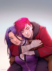  2girls absurdres angela_he arcane:_league_of_legends bandaged_arm bandages blue_eyes blush caitlyn_(league_of_legends) carrying closed_eyes ear_piercing facial_tattoo highres jacket league_of_legends long_hair multiple_girls neck_tattoo piercing piggyback pink_hair purple_hair purple_vest short_hair tattoo tooth_gap unconscious vest vi_(league_of_legends) yuri 