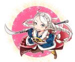  1girl ahoge alternate_costume armor bangs blue_eyes braid closed_mouth fire_emblem fire_emblem_fates full_body holding holding_polearm holding_weapon hotate_rayan japanese_armor japanese_clothes looking_at_viewer nina_(fire_emblem) polearm solo twin_braids weapon white_hair 