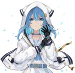  1girl absurdres adjusting_clothes adjusting_gloves bangs belt belt_buckle black_gloves blue_belt blue_choker blue_eyes blue_hair blue_neckerchief buckle choker closed_mouth commentary_request earrings gloves hair_between_eyes highres hololive hood hood_up hooded_jacket hoshimachi_suisei jacket jewelry kiukoma long_hair long_sleeves looking_at_viewer neckerchief open_clothes open_jacket sailor_collar shirt skirt solo star_(symbol) star_in_eye symbol_in_eye upper_body virtual_youtuber white_jacket white_sailor_collar white_shirt white_skirt 