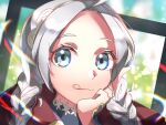  1girl ahoge bangs blue_eyes braid capelet closed_mouth fire_emblem fire_emblem_fates head_on_hand hood hooded_capelet long_hair looking_at_viewer nina_(fire_emblem) solo tongue tongue_out twin_braids upper_body white_hair yoshio1107lin 
