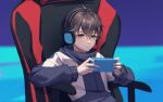  1boy bangs brown_eyes brown_hair chair character_request child closed_mouth dark_skin fengtu_ad gaming_chair headphones highres holding holding_phone jacket jersey leaning_back long_sleeves phone short_hair sitting solo tears_of_themis white_jacket 
