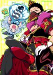  1girl 2boys alternate_costume artist_name black_hair black_legwear blue_dress boku_no_hero_academia bottle bracelet clenched_hands crossdressing crown dress eri_(boku_no_hero_academia) feather_trim floating frilled_dress frills gloves grey_hair hand_on_another&#039;s_head heart high_heels highres holding holding_bottle holding_wand horns jewelry katsukame_rikiya long_hair looking_at_viewer mask midair mouth_mask multiple_boys mushroom open_mouth overhaul_(boku_no_hero_academia) pectoral_cleavage pectorals plague_doctor_mask puffy_short_sleeves puffy_sleeves red_eyes short_hair short_sleeves single_horn sitting striped striped_legwear thigh-highs tsunao two-tone_background very_short_hair wand white_background yellow_background yellow_eyes 
